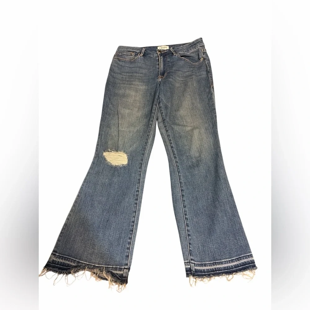 FRAME Le Crop Mini Boot Jeans Size 30 Blue Distressed Cropped Flare 26” - Picture 2 of 5